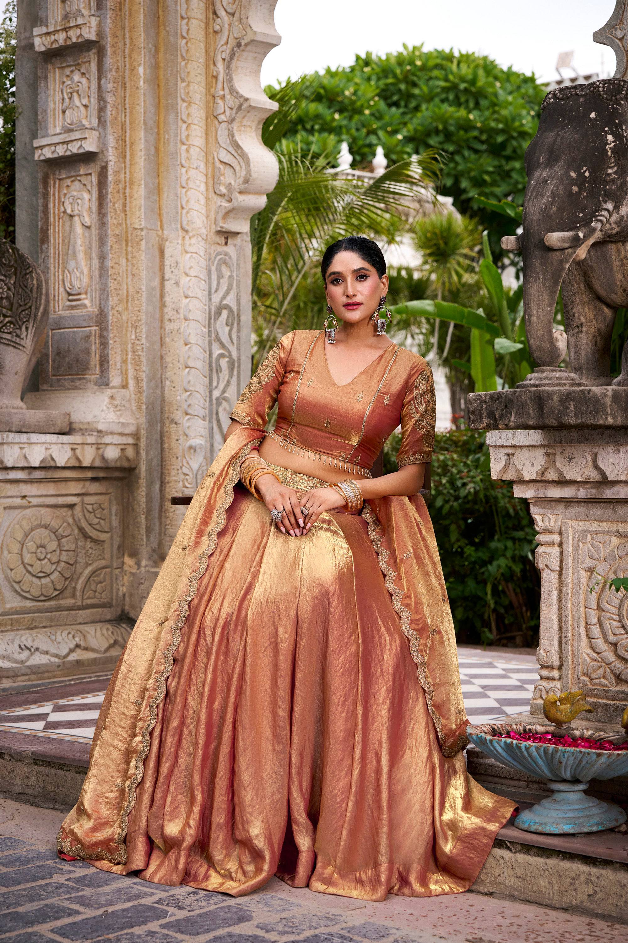 Lorenvalley Fashion Rosegold Fendi Silk Sequins and Thread Embroidery Work Belt Lehenga Choli with Dupatta - Distacart
