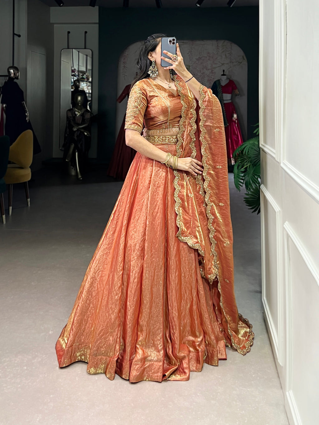 Lorenvalley Rosegold Fendi Silk Sequins and Thread Embroidery Work Belt Lehenga Choli with Dupatta