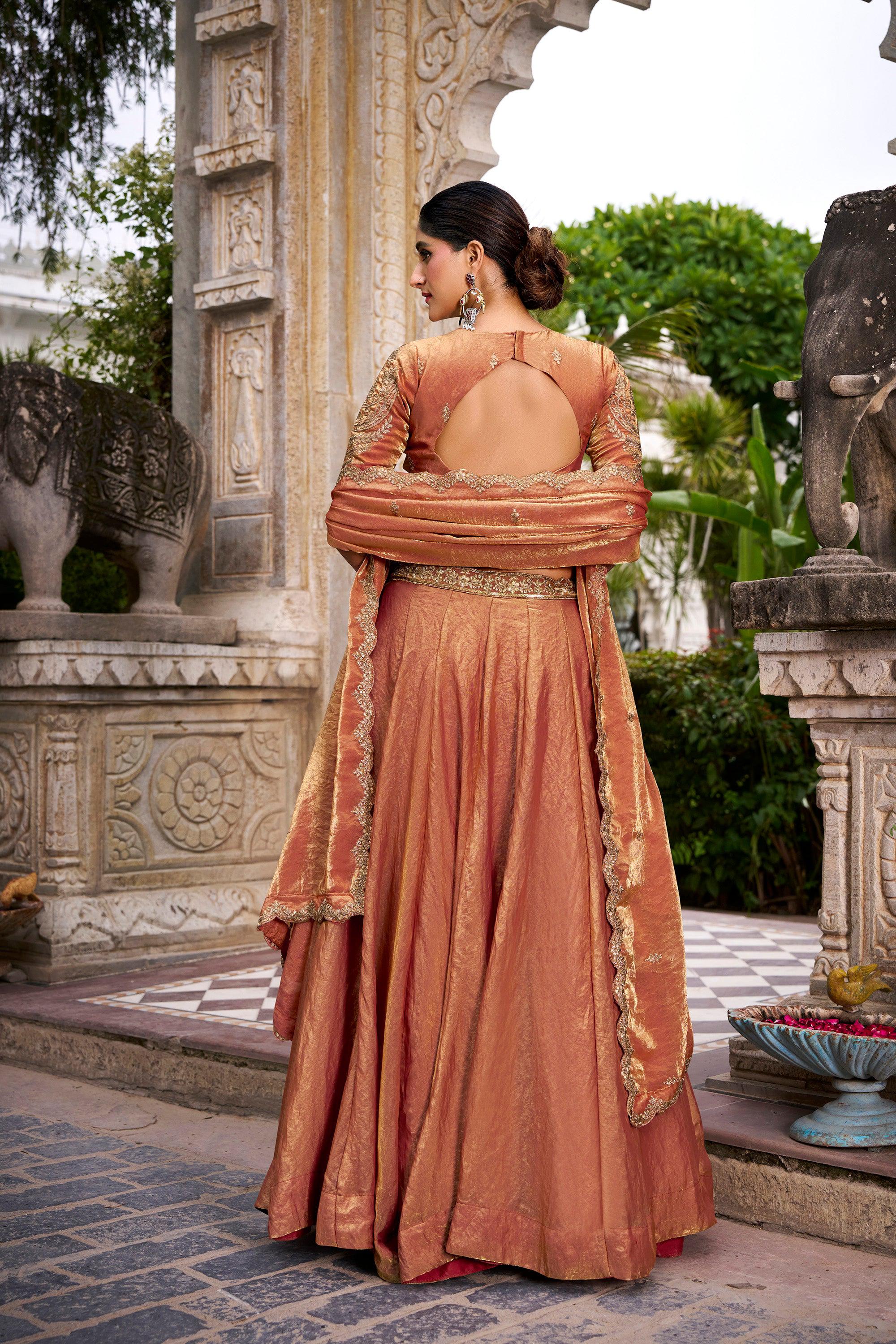 Lorenvalley Fashion Rosegold Fendi Silk Sequins and Thread Embroidery Work Belt Lehenga Choli with Dupatta - Distacart
