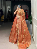 Lorenvalley Rosegold Fendi Silk Sequins and Thread Embroidery Work Belt Lehenga Choli with Dupatta