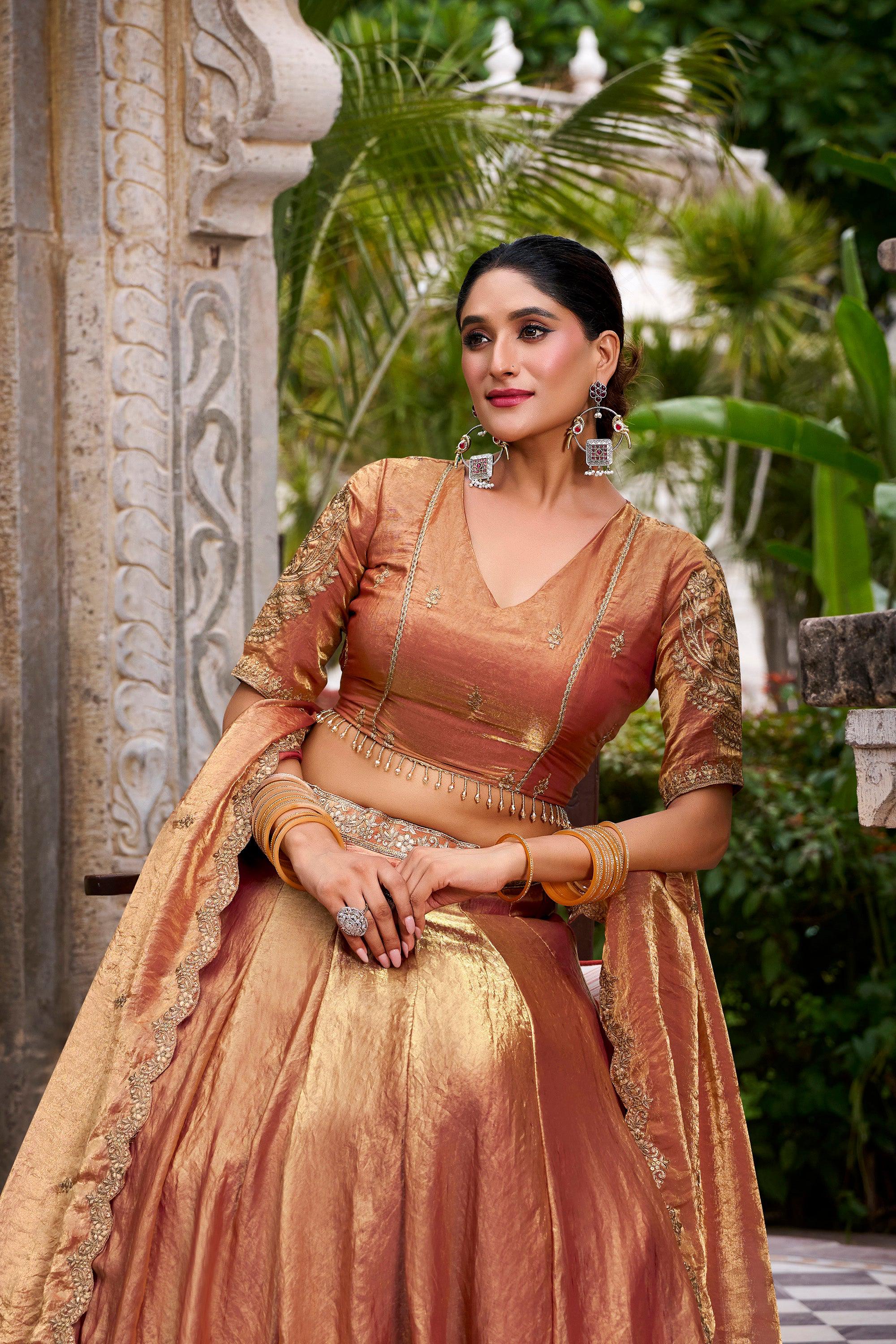 Lorenvalley Fashion Rosegold Fendi Silk Sequins and Thread Embroidery Work Belt Lehenga Choli with Dupatta - Distacart