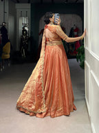 Lorenvalley Rosegold Fendi Silk Sequins and Thread Embroidery Work Belt Lehenga Choli with Dupatta
