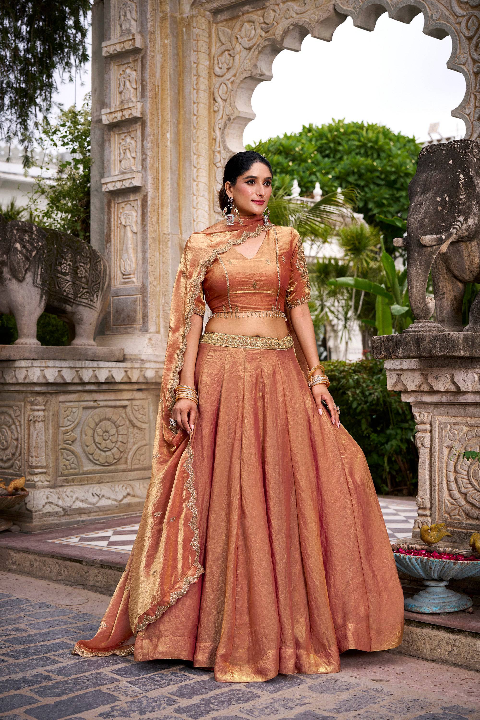 Lorenvalley Fashion Rosegold Fendi Silk Sequins and Thread Embroidery Work Belt Lehenga Choli with Dupatta - Distacart