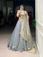 Lorenvalley Skyblue Fendi Silk Sequins and Thread Embroidery Work Belt Lehenga Choli with Dupatta