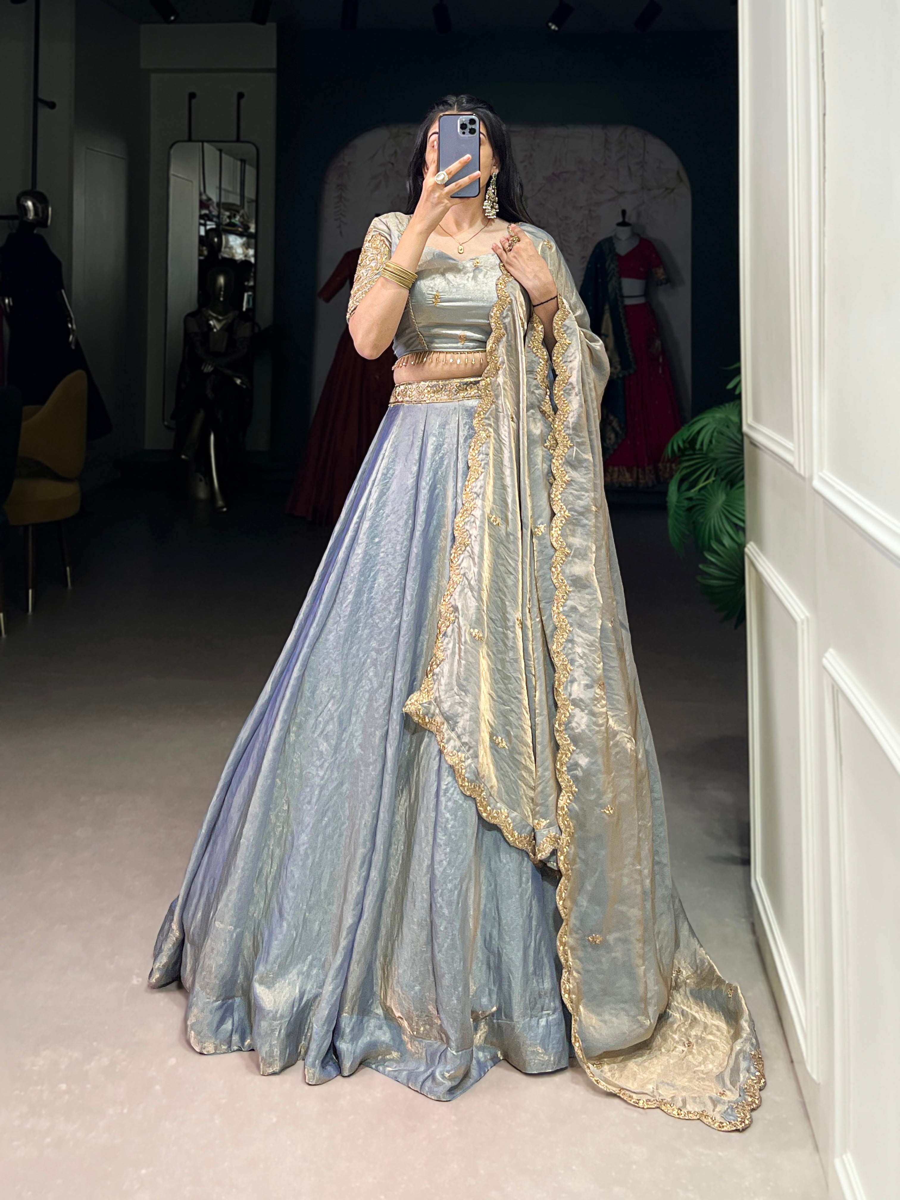 Lorenvalley Skyblue Fendi Silk Sequins and Thread Embroidery Work Belt Lehenga Choli with Dupatta