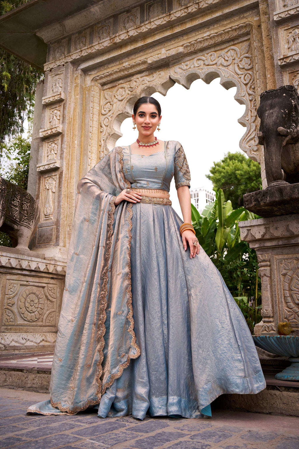Lorenvalley Fashion Skyblue Fendi Silk Sequins and Thread Embroidery Work Belt Lehenga Choli with Dupatta - Distacart