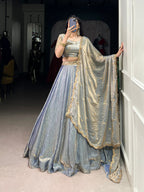 Lorenvalley Skyblue Fendi Silk Sequins and Thread Embroidery Work Belt Lehenga Choli with Dupatta
