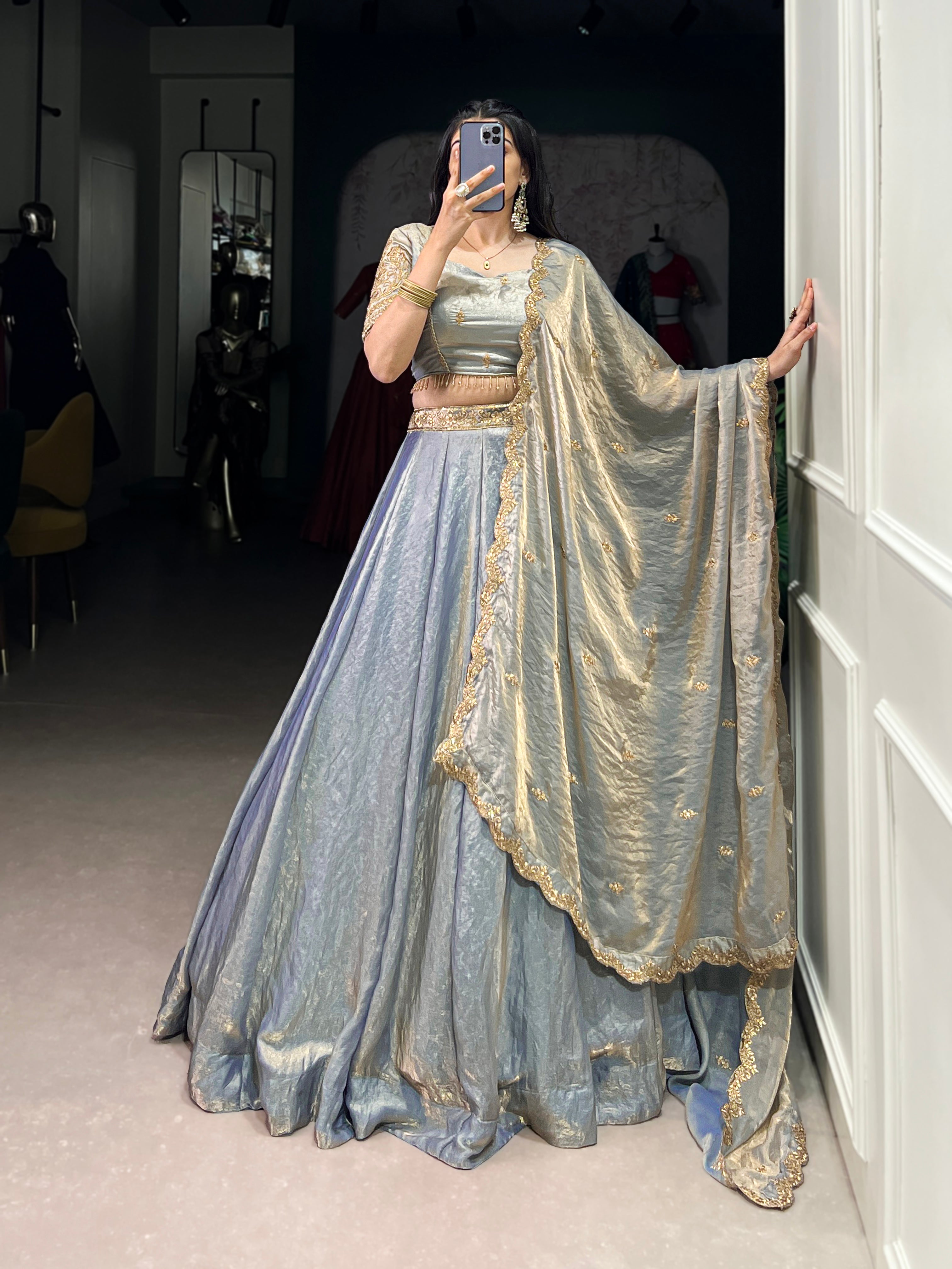 Lorenvalley Skyblue Fendi Silk Sequins and Thread Embroidery Work Belt Lehenga Choli with Dupatta