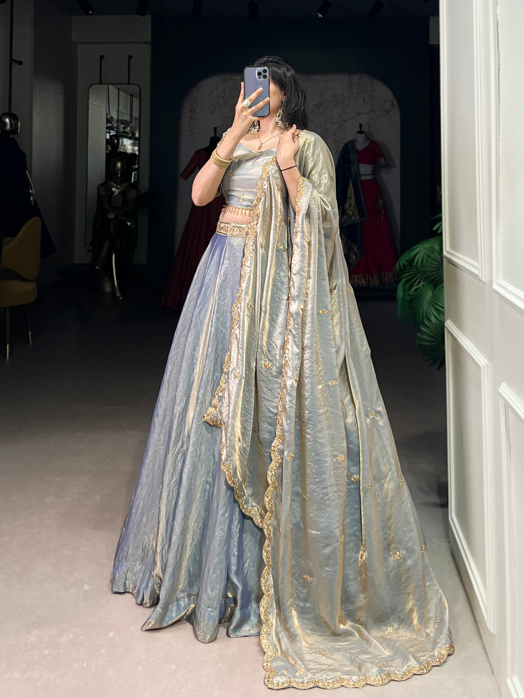 Lorenvalley Skyblue Fendi Silk Sequins and Thread Embroidery Work Belt Lehenga Choli with Dupatta