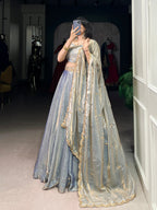Lorenvalley Skyblue Fendi Silk Sequins and Thread Embroidery Work Belt Lehenga Choli with Dupatta