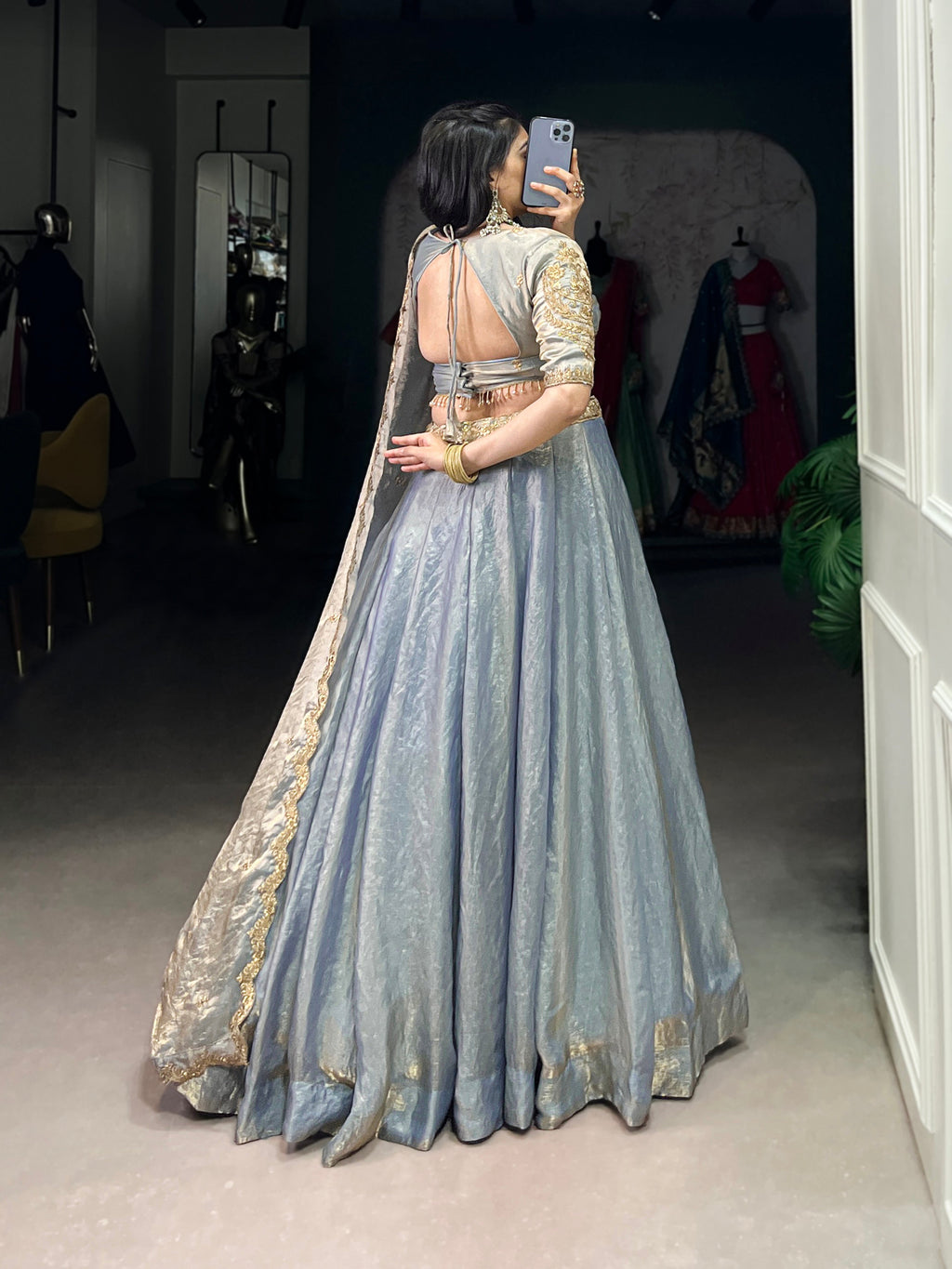 Lorenvalley Skyblue Fendi Silk Sequins and Thread Embroidery Work Belt Lehenga Choli with Dupatta