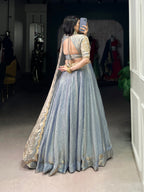 Lorenvalley Skyblue Fendi Silk Sequins and Thread Embroidery Work Belt Lehenga Choli with Dupatta