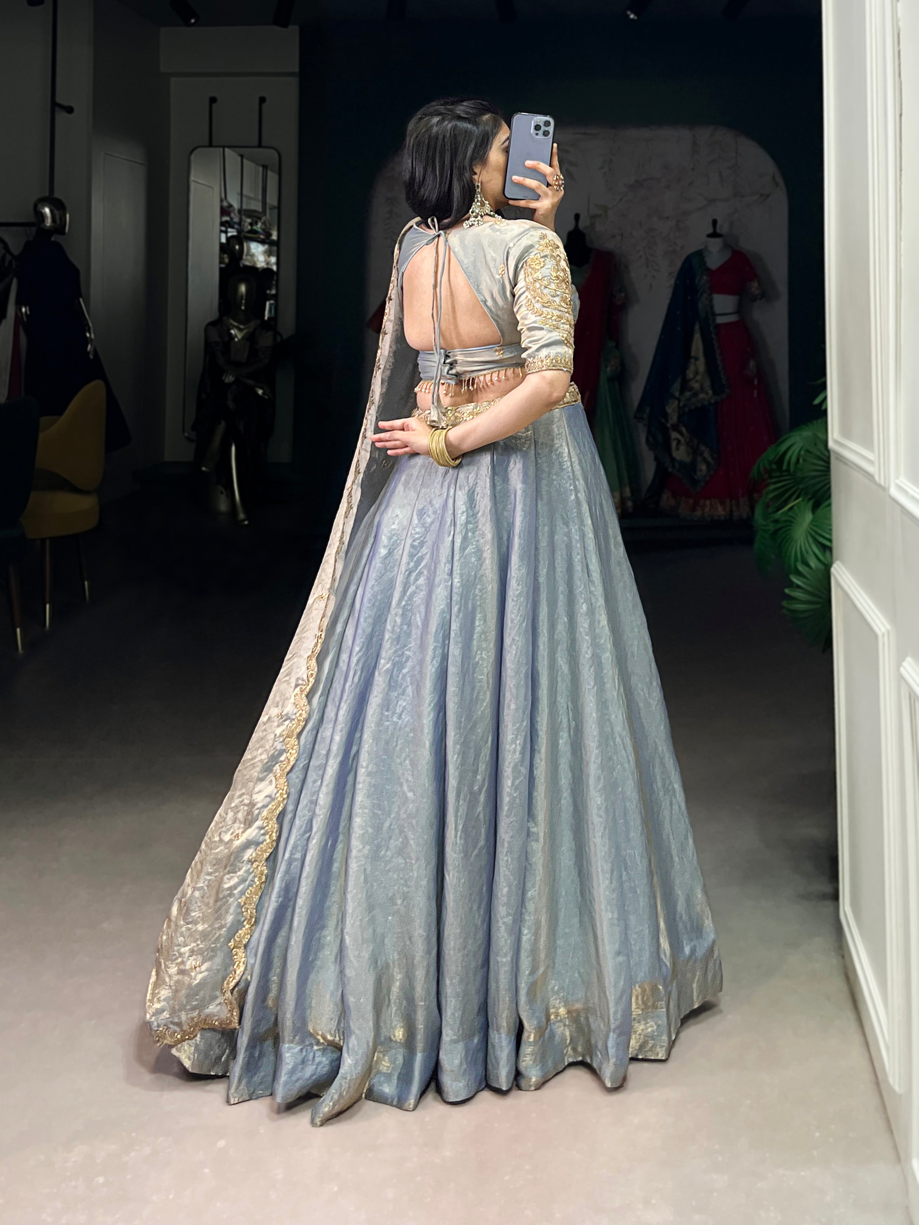 Lorenvalley Skyblue Fendi Silk Sequins and Thread Embroidery Work Belt Lehenga Choli with Dupatta
