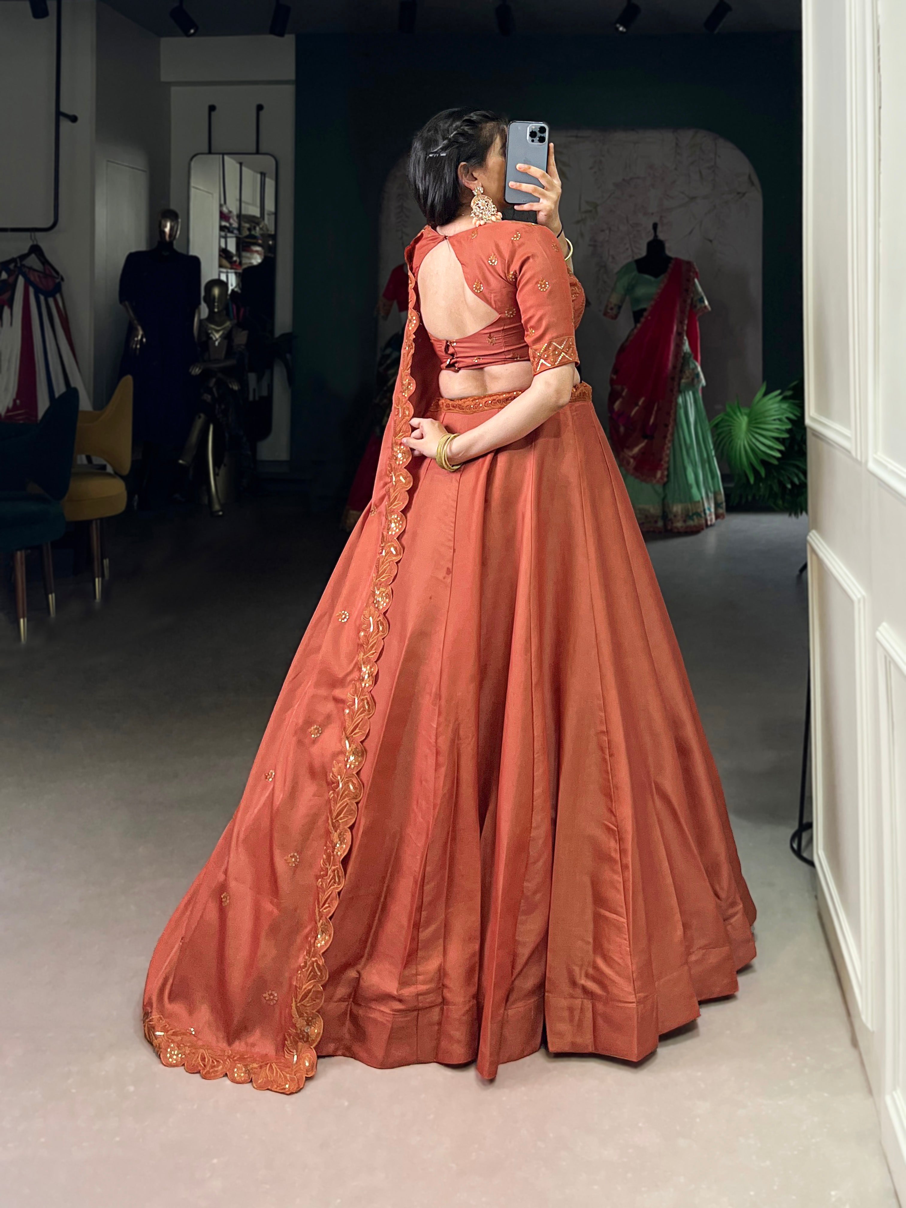 Lorenvalley Orange Pure Tussar Sequins and Thread Embroidery Work Belt Lehenga Choli with Dupatta