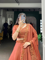 Lorenvalley Orange Pure Tussar Sequins and Thread Embroidery Work Belt Lehenga Choli with Dupatta