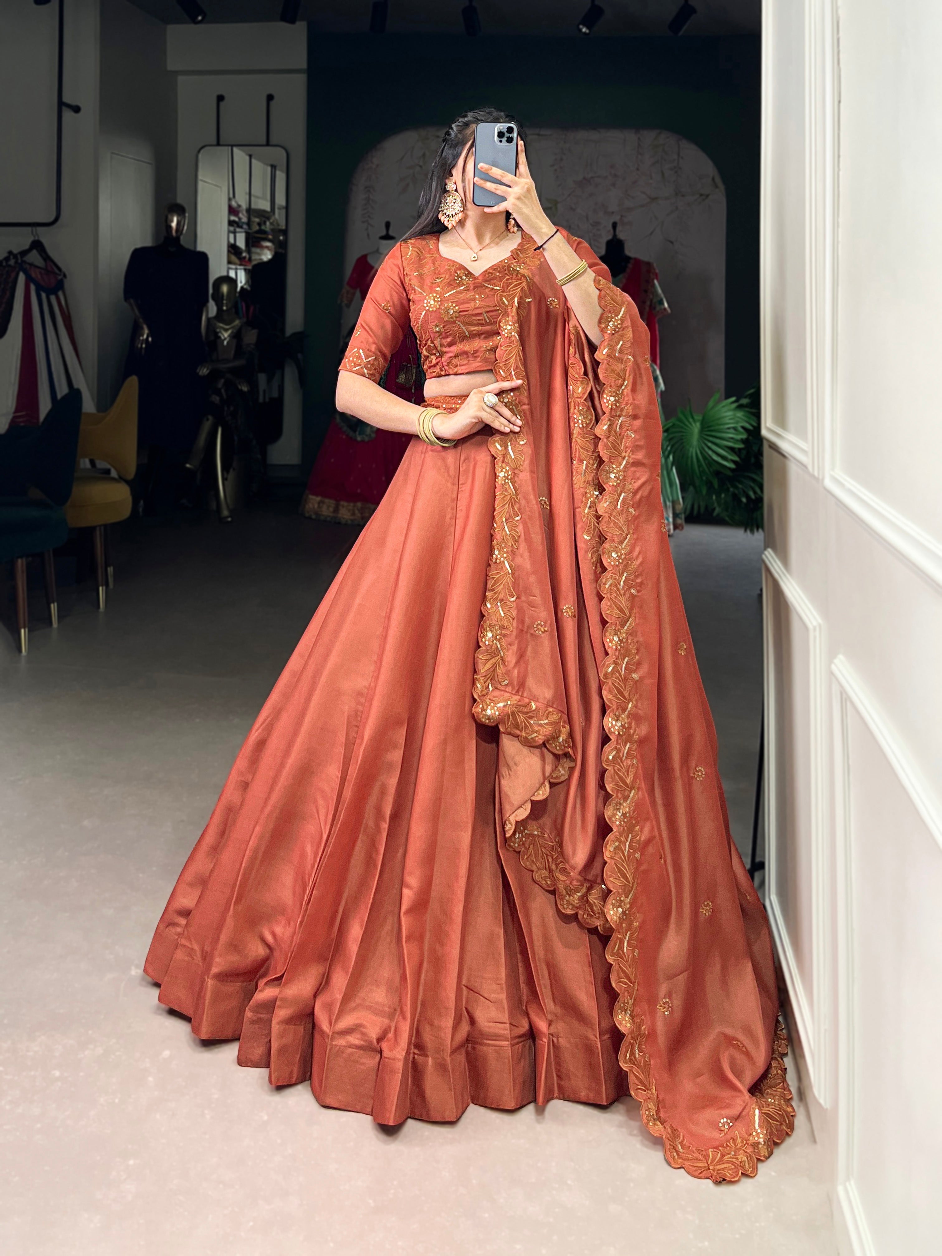 Lorenvalley Orange Pure Tussar Sequins and Thread Embroidery Work Belt Lehenga Choli with Dupatta