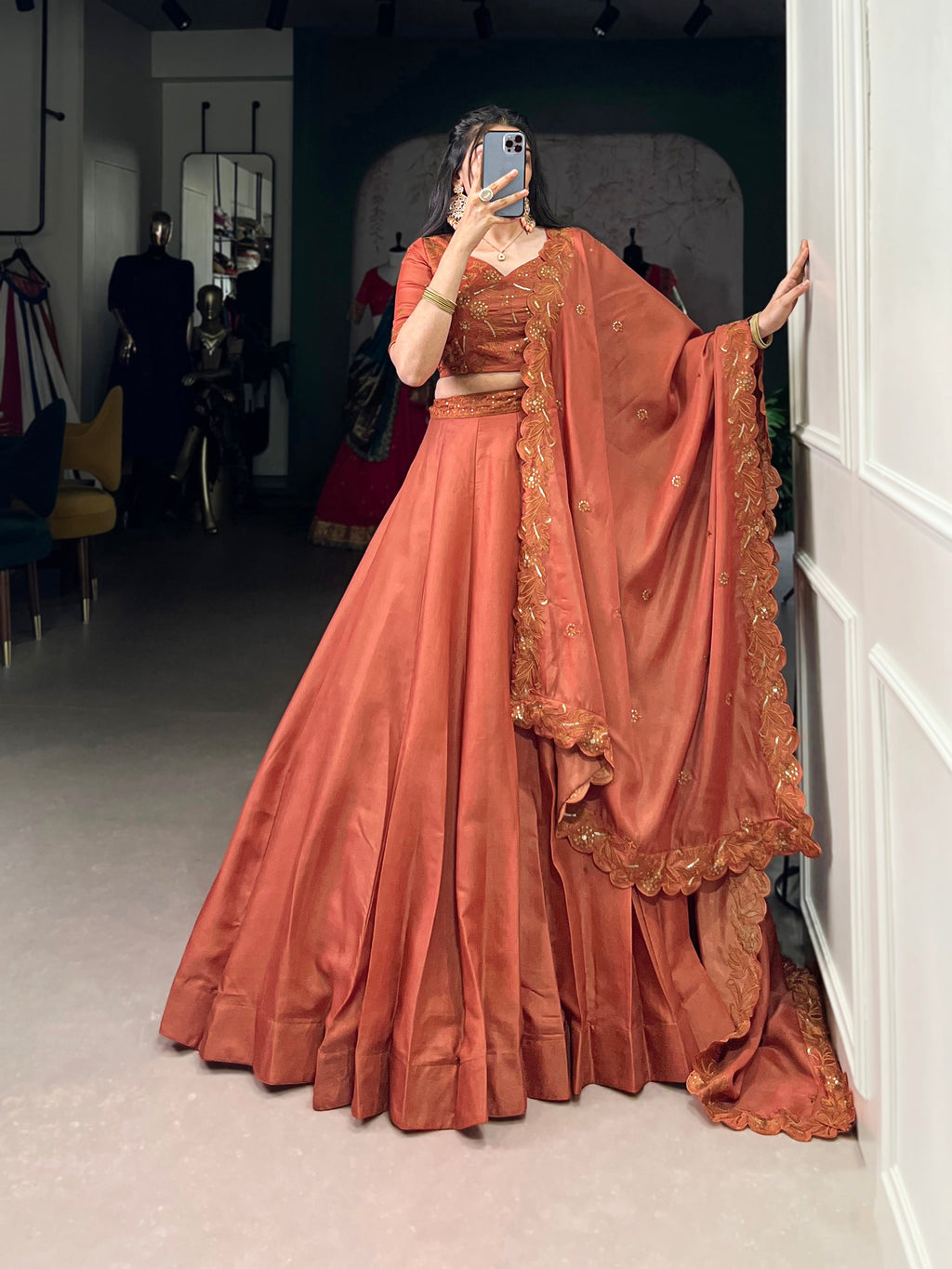 Lorenvalley Orange Pure Tussar Sequins and Thread Embroidery Work Belt Lehenga Choli with Dupatta