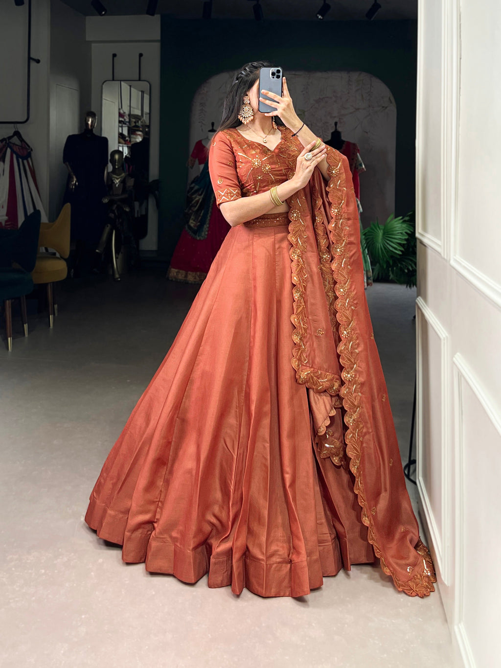 Lorenvalley Orange Pure Tussar Sequins and Thread Embroidery Work Belt Lehenga Choli with Dupatta