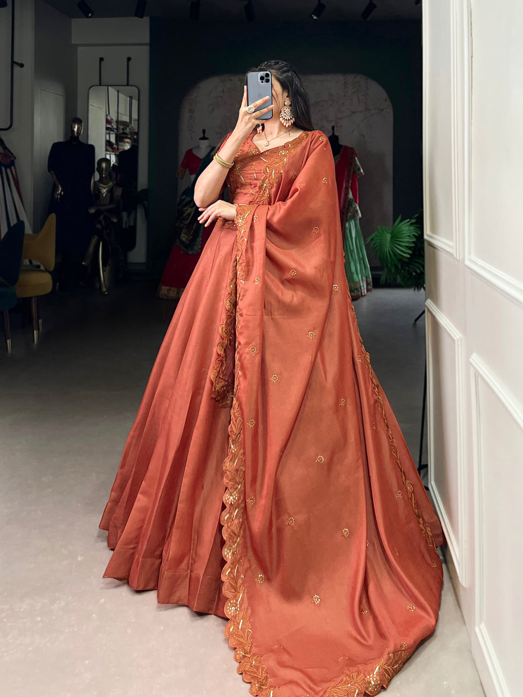 Lorenvalley Orange Pure Tussar Sequins and Thread Embroidery Work Belt Lehenga Choli with Dupatta