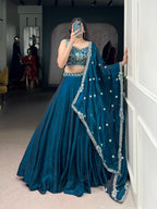 Lorenvalley Fashion Rama Fendi Silk Sequins and Thread Embroidery Work Belt Lehenga Choli with Dupatta