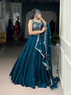 Lorenvalley Fashion Rama Fendi Silk Sequins and Thread Embroidery Work Belt Lehenga Choli with Dupatta
