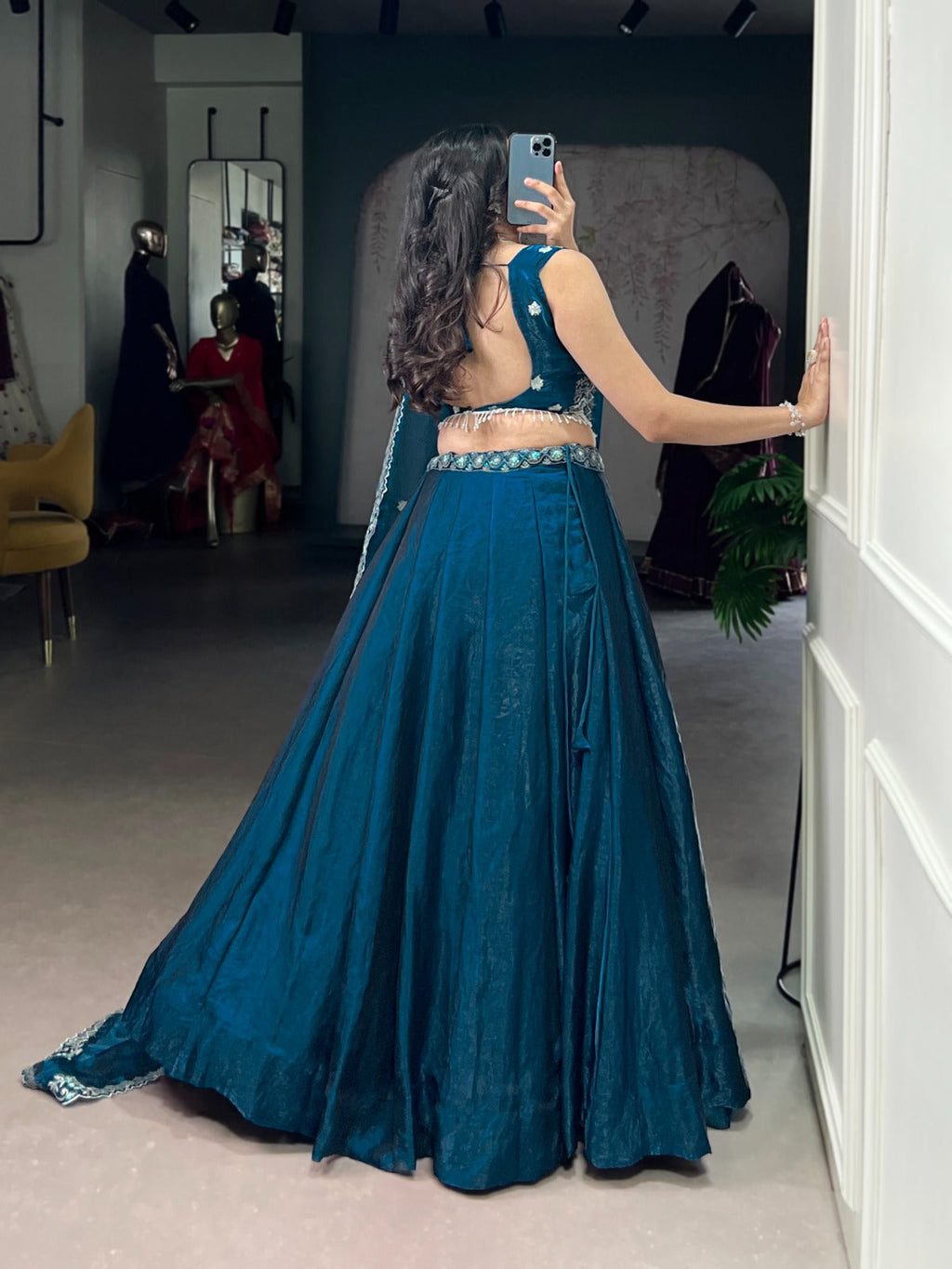 Lorenvalley Fashion Rama Fendi Silk Sequins and Thread Embroidery Work Belt Lehenga Choli with Dupatta