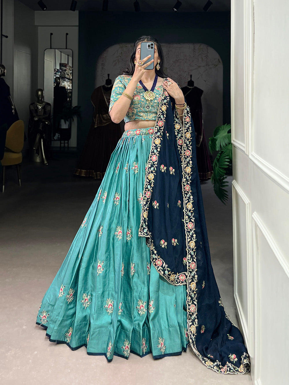 Lorenvalley Skyblue Slab Silk Sequins and Thread Embroidery Work Lehenga Choli with Dupatta