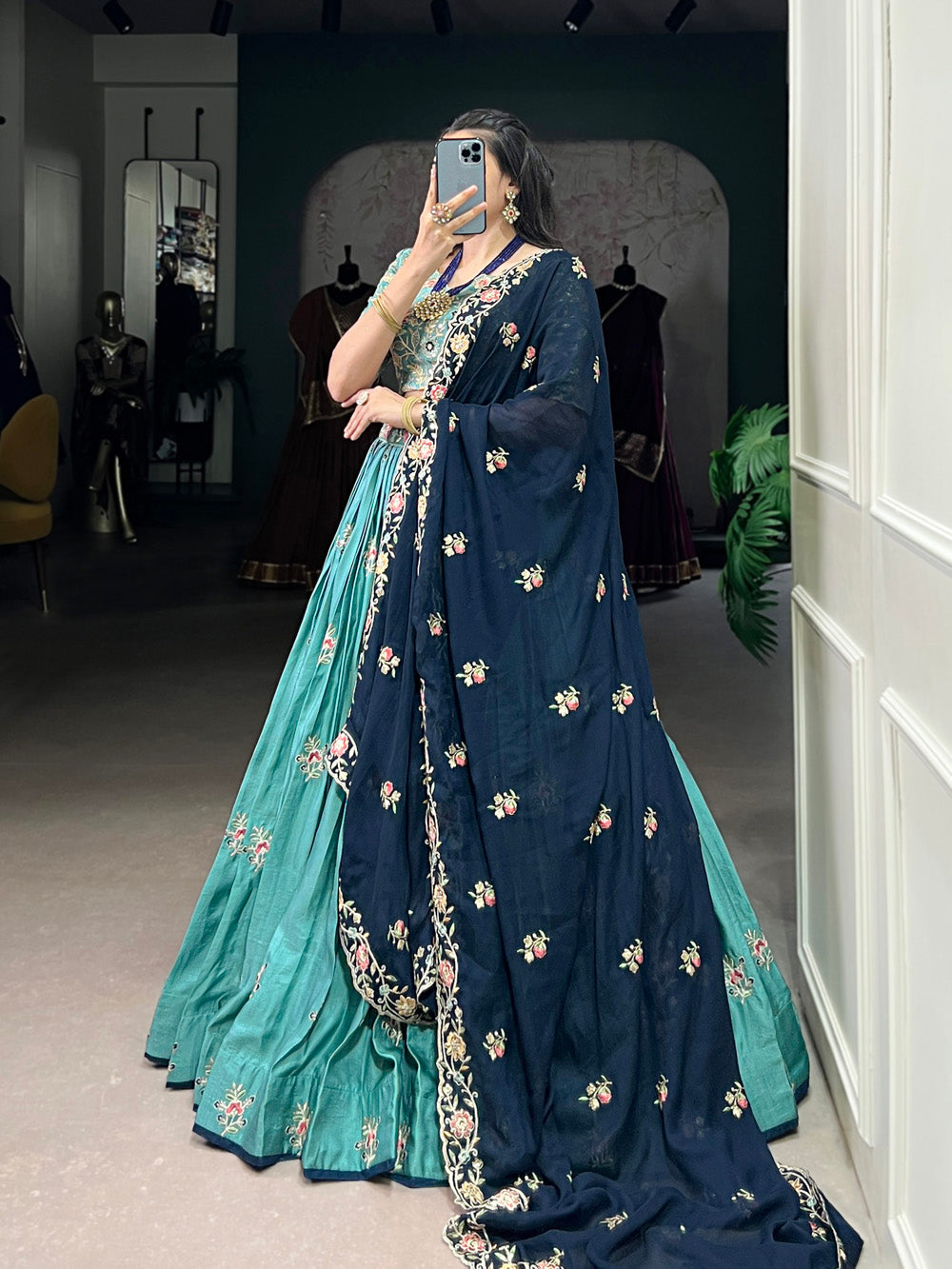 Lorenvalley Skyblue Slab Silk Sequins and Thread Embroidery Work Lehenga Choli with Dupatta