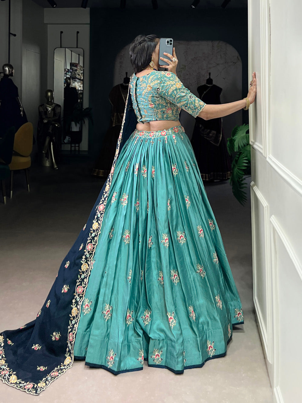 Lorenvalley Skyblue Slab Silk Sequins and Thread Embroidery Work Lehenga Choli with Dupatta