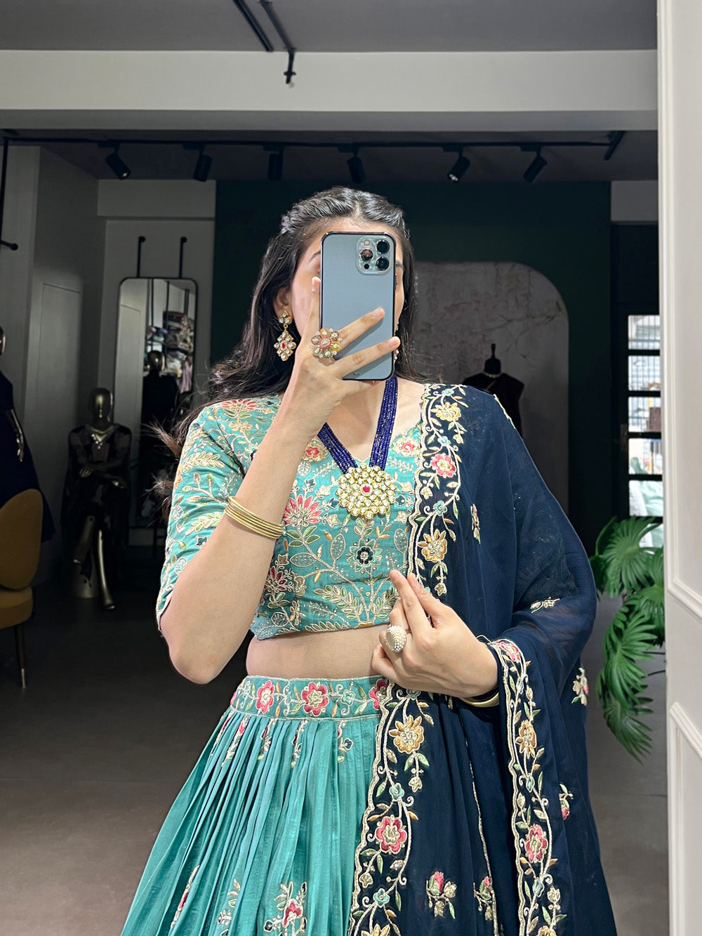 Lorenvalley Skyblue Slab Silk Sequins and Thread Embroidery Work Lehenga Choli with Dupatta