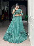 Lorenvalley Fashion Seagreen Gold Coin Beads & Thread Embroidery Work Lehenga Choli with Dupatta - Distacart