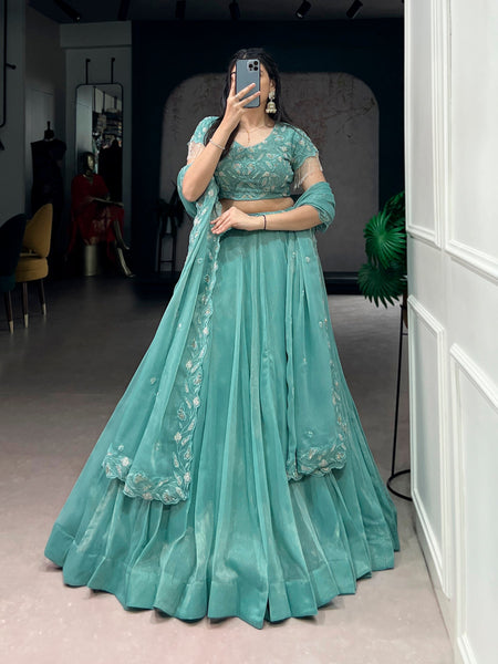Lorenvalley Fashion Seagreen Gold Coin Beads & Thread Embroidery Work Lehenga Choli with Dupatta