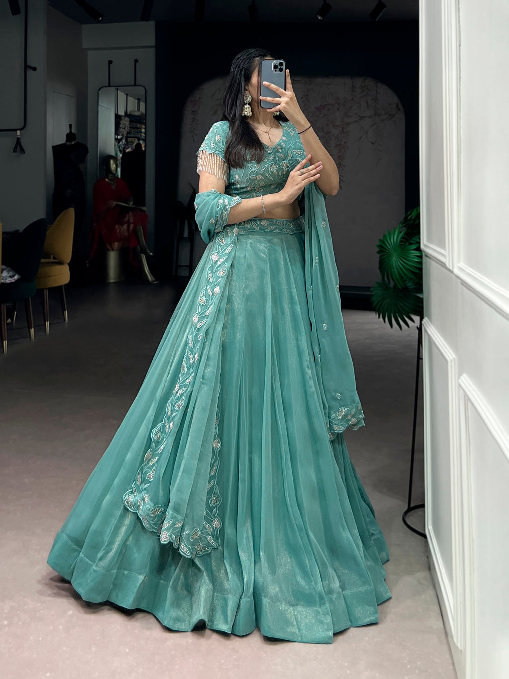 Lorenvalley Fashion Seagreen Gold Coin Beads & Thread Embroidery Work Lehenga Choli with Dupatta - Distacart