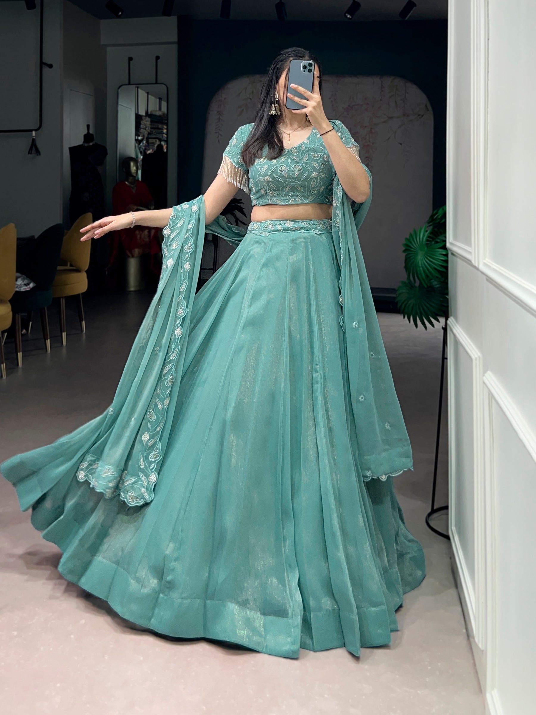 Lorenvalley Fashion Seagreen Gold Coin Beads & Thread Embroidery Work Lehenga Choli with Dupatta - Distacart