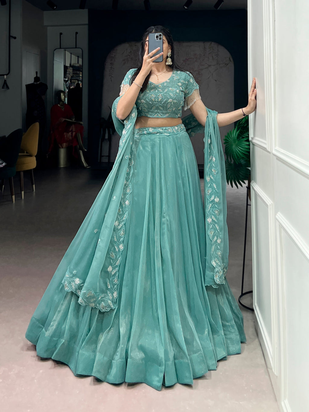 Lorenvalley Fashion Seagreen Gold Coin Beads & Thread Embroidery Work Lehenga Choli with Dupatta - Distacart