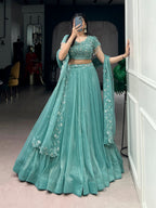 Lorenvalley Fashion Seagreen Gold Coin Beads & Thread Embroidery Work Lehenga Choli with Dupatta - Distacart