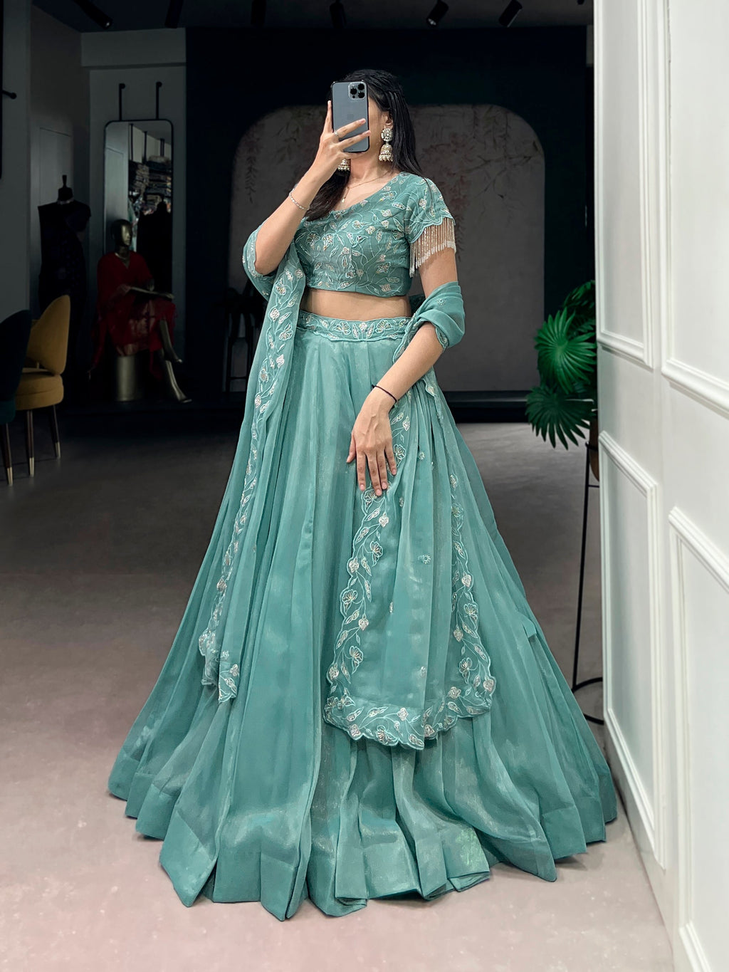 Lorenvalley Fashion Seagreen Gold Coin Beads & Thread Embroidery Work Lehenga Choli with Dupatta - Distacart