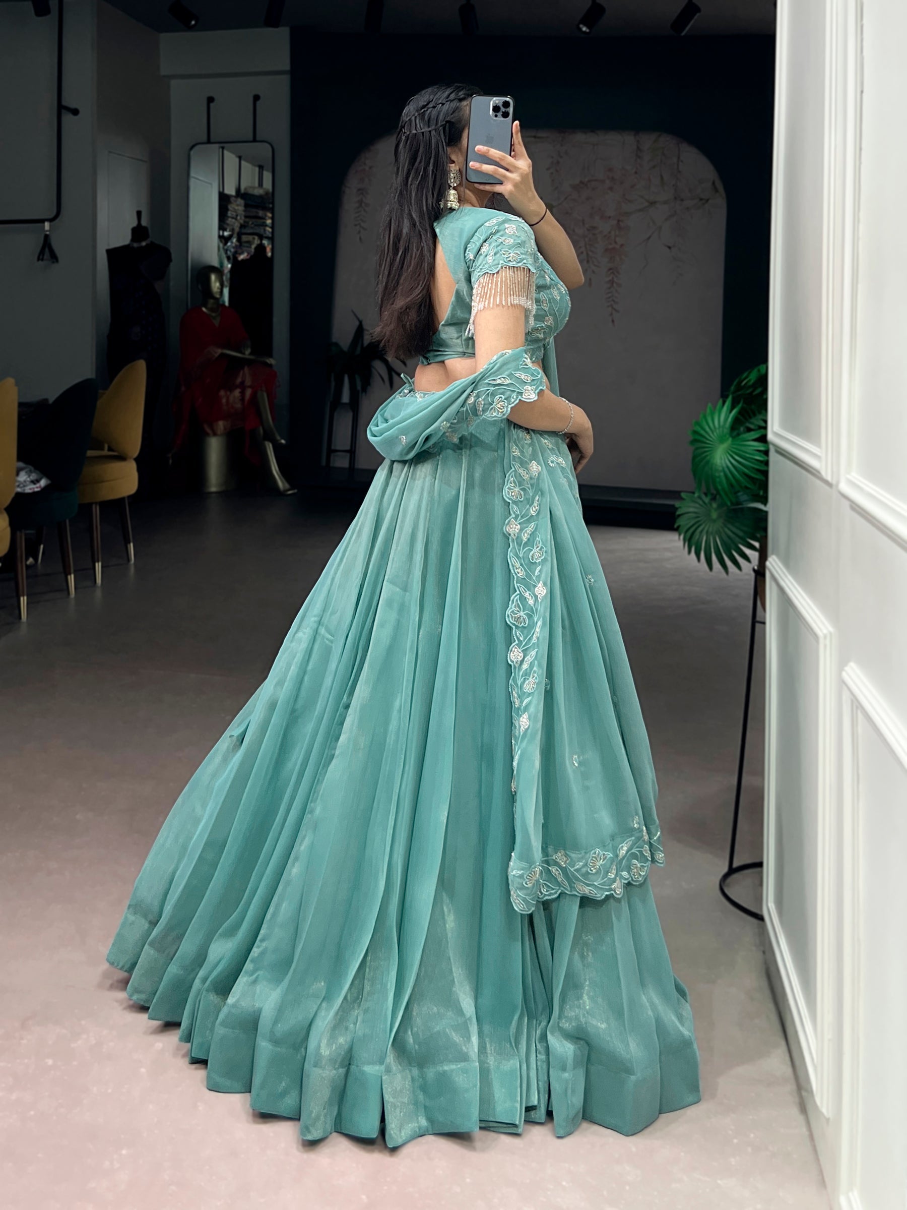 Lorenvalley Fashion Seagreen Gold Coin Beads & Thread Embroidery Work Lehenga Choli with Dupatta - Distacart