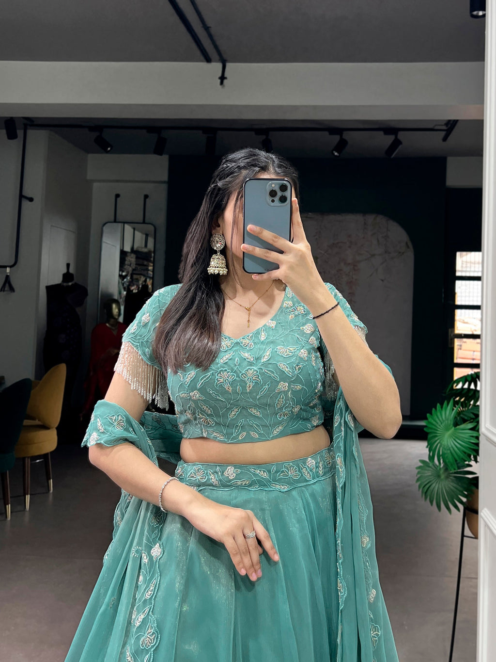 Lorenvalley Fashion Seagreen Gold Coin Beads & Thread Embroidery Work Lehenga Choli with Dupatta - Distacart