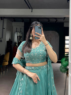 Lorenvalley Fashion Seagreen Gold Coin Beads & Thread Embroidery Work Lehenga Choli with Dupatta - Distacart