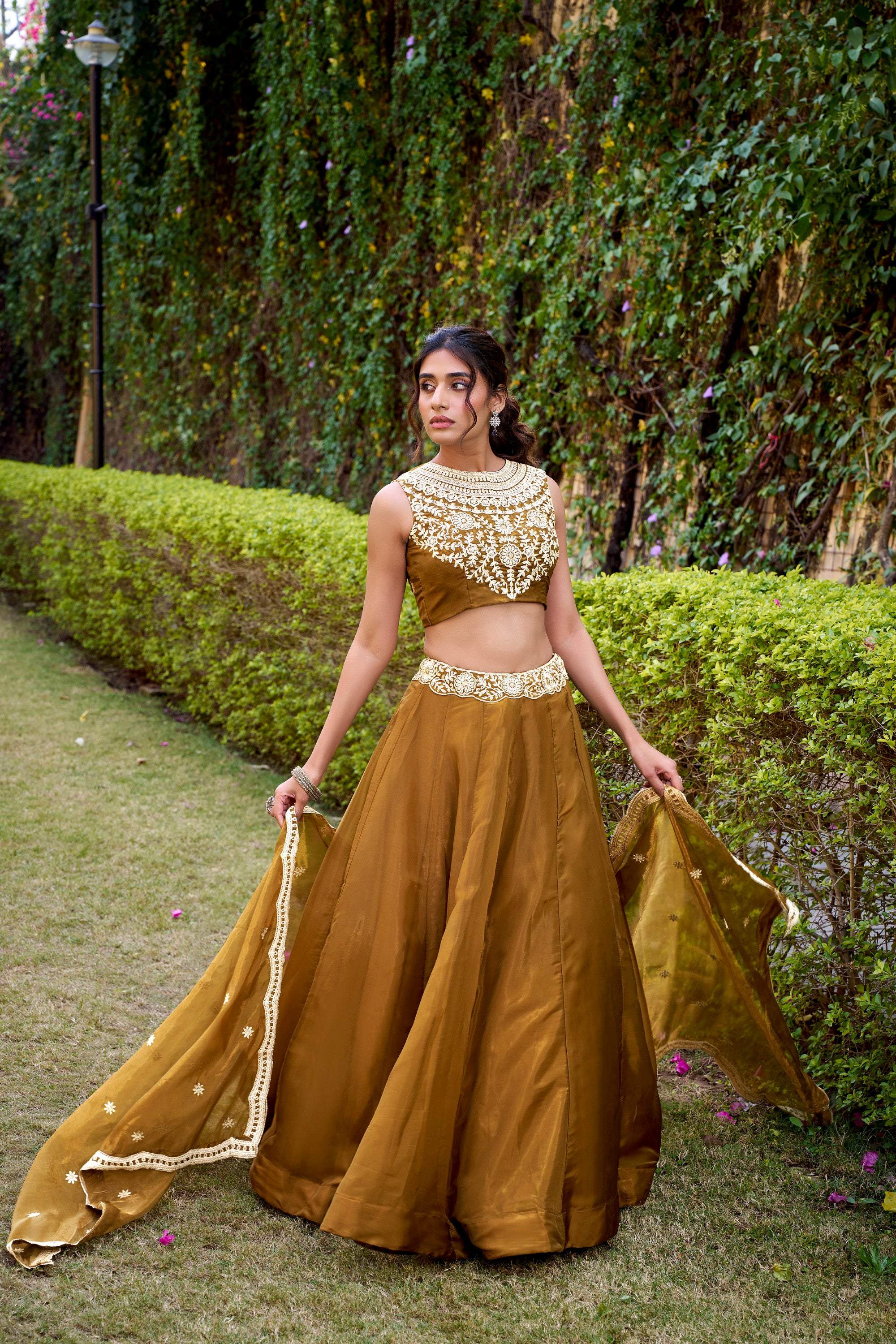 Lorenvalley Fashion Brown Chanda Silk Plain With Sequins and Thread Embroidery Work Belt Lehenga Choli with Dupatta