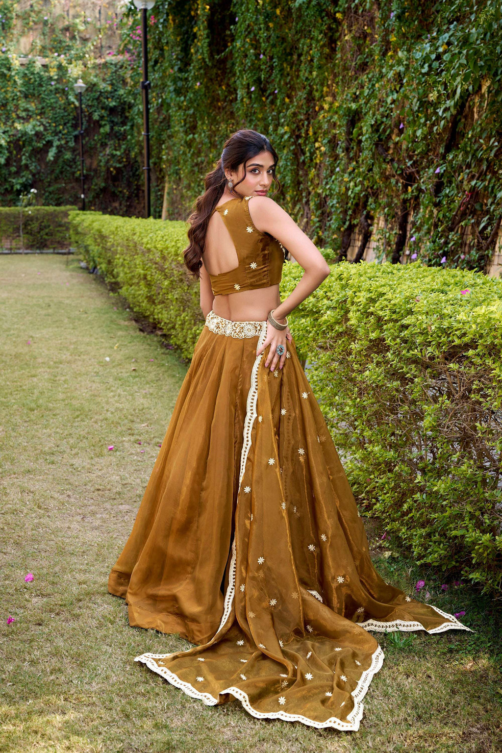 Lorenvalley Fashion Brown Chanda Silk Plain With Sequins and Thread Embroidery Work Belt Lehenga Choli with Dupatta