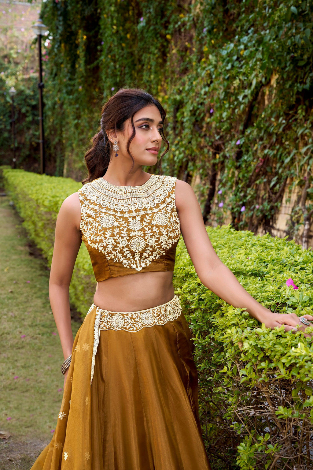 Lorenvalley Fashion Brown Chanda Silk Plain With Sequins and Thread Embroidery Work Belt Lehenga Choli with Dupatta