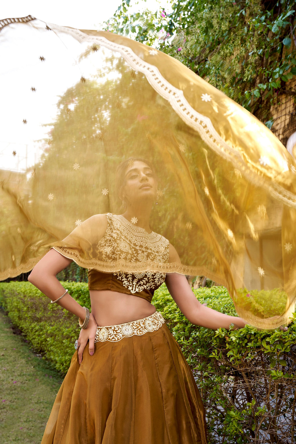 Lorenvalley Fashion Brown Chanda Silk Plain With Sequins and Thread Embroidery Work Belt Lehenga Choli with Dupatta