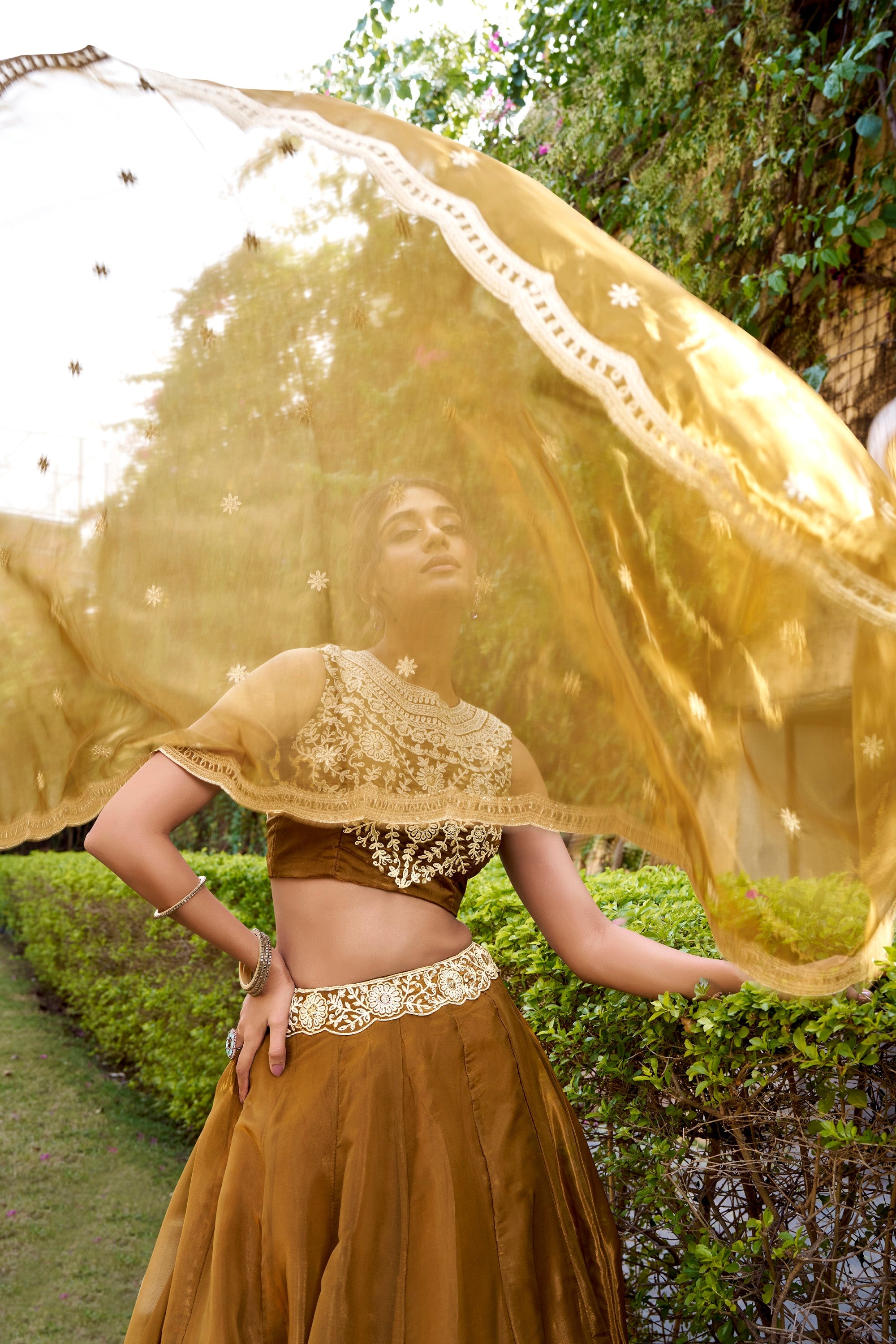 Lorenvalley Fashion Brown Chanda Silk Plain With Sequins and Thread Embroidery Work Belt Lehenga Choli with Dupatta