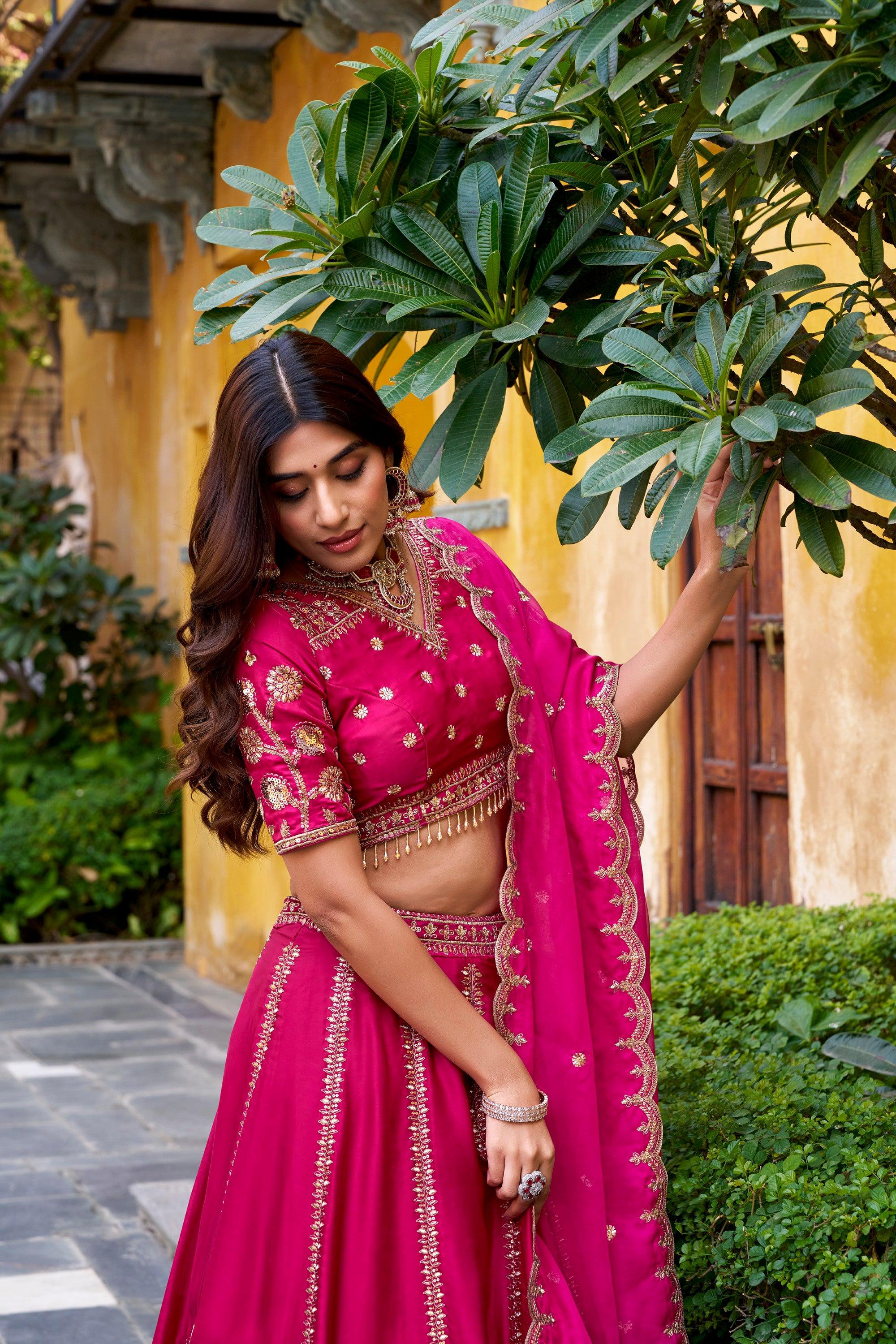 Lorenvalley Fashion Ranipink Natural Silk Sequins and Thread Embroidery Work Lehenga Choli with Dupatta - Distacart