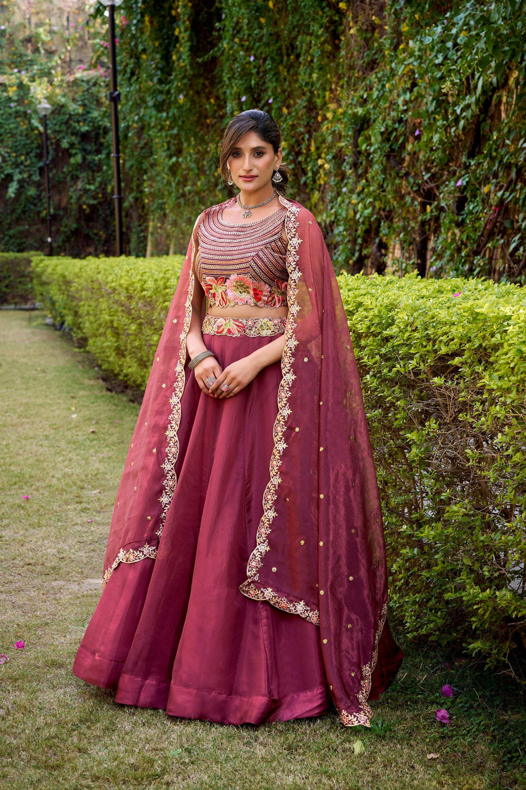 Lorenvalley Fashion Rust Chanda Silk Plain With Sequins and Thread Embroidery Work Belt Lehenga Choli with Dupatta
