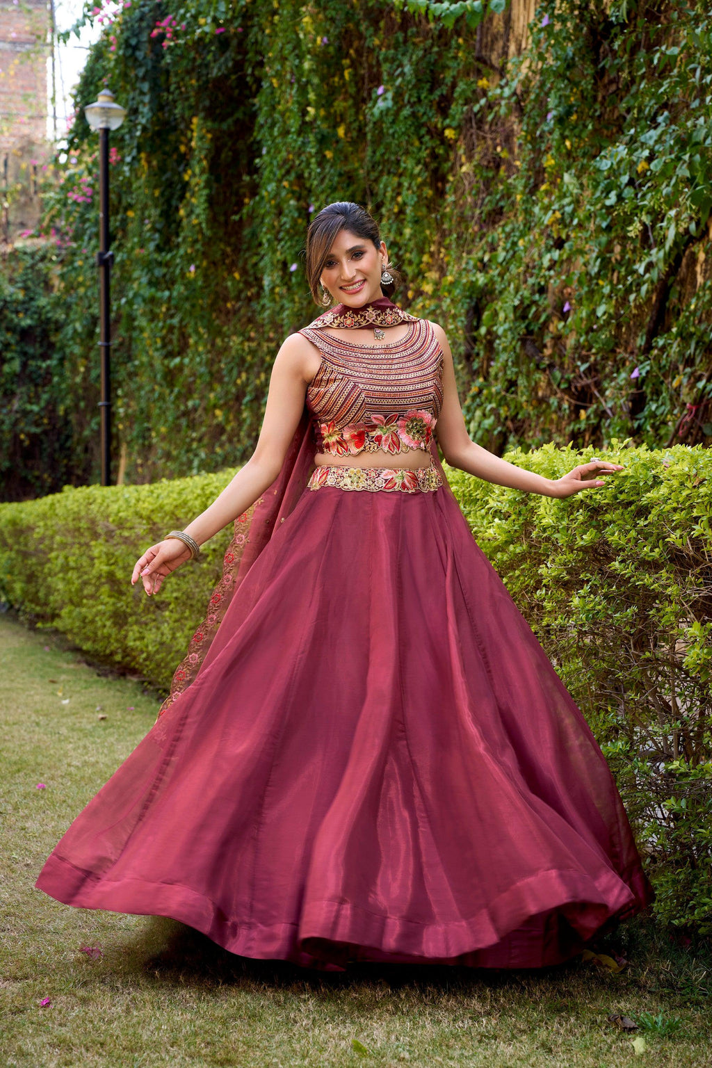 Lorenvalley Fashion Rust Chanda Silk Plain With Sequins and Thread Embroidery Work Belt Lehenga Choli with Dupatta