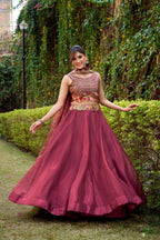 Lorenvalley Fashion Rust Chanda Silk Plain With Sequins and Thread Embroidery Work Belt Lehenga Choli with Dupatta