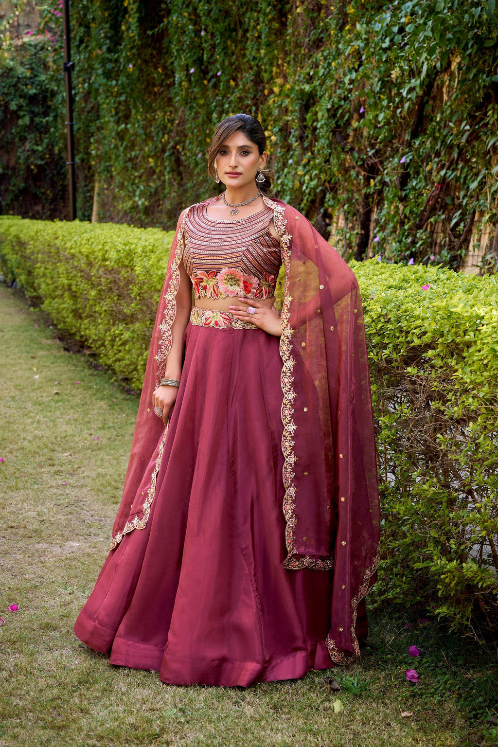 Lorenvalley Fashion Rust Chanda Silk Plain With Sequins and Thread Embroidery Work Belt Lehenga Choli with Dupatta